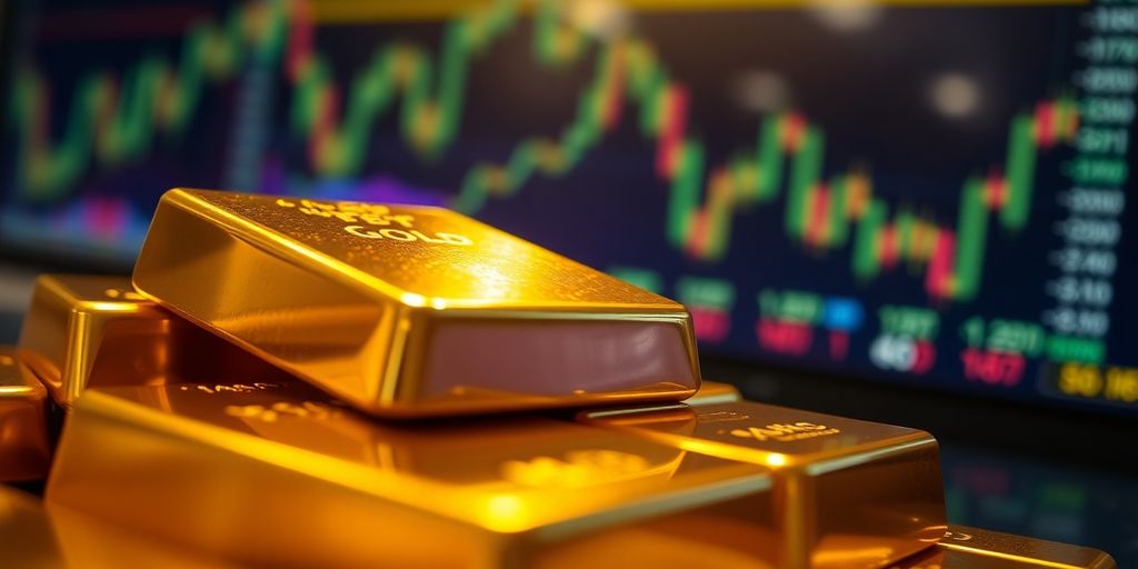 Lingots d'or brillants sur fond flou de marchés financiers.