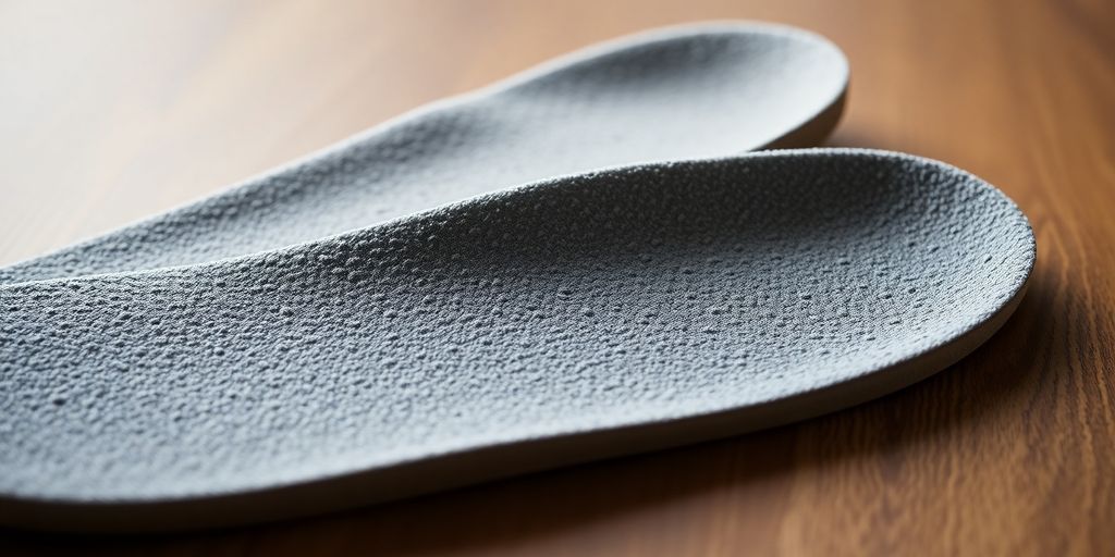 Close-up of soft foam insoles on a wooden surface.