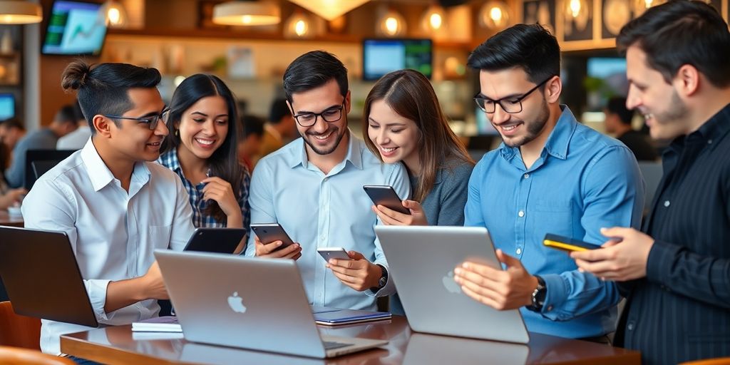 Young traders discussing in a lively café setting.