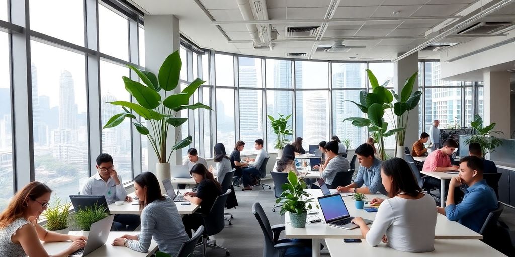 Modern coworking space, people collaborating in Kuala Lumpur