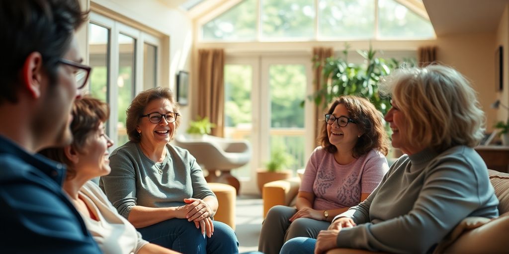 Residents and staff smiling together in a bright, welcoming common area.