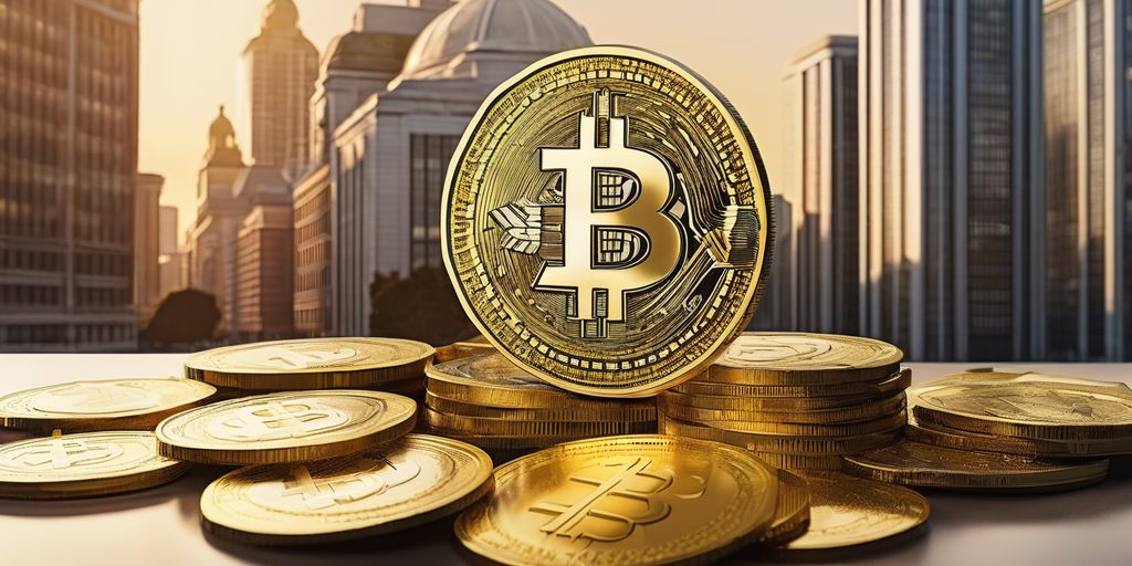 digital currency and gold coins with a central bank building in the background