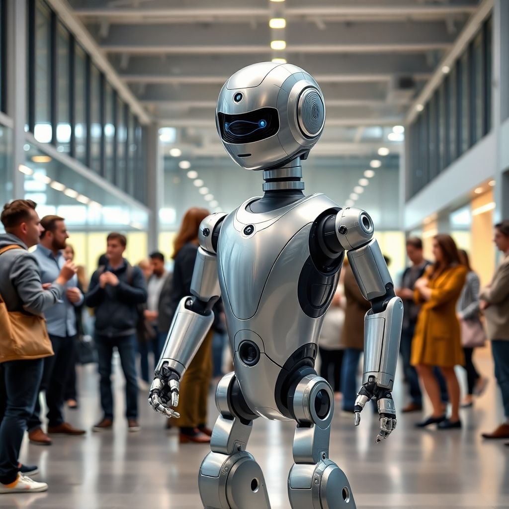 Humanoid robot interacting with diverse people in a modern setting.