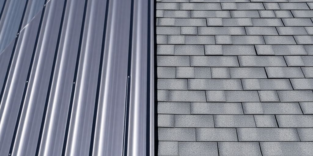 Metal and shingle roofs side-by-side