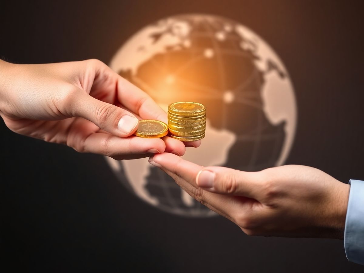 Hands exchanging digital coins over a globe.