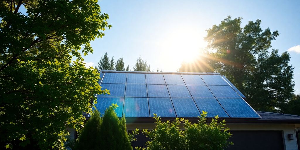 Sun shining on a home with solar panels.