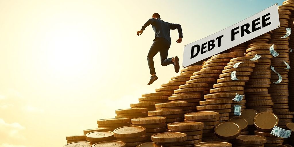 Person running up stairs, money flying.
