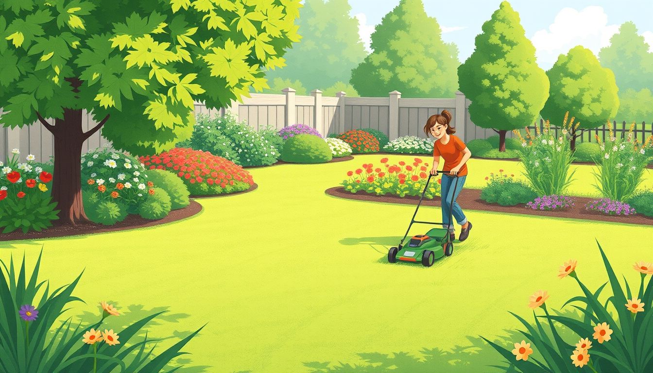 Person mowing a lush green lawn