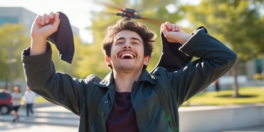 A person spinning a jacket over their head like a helicopter.