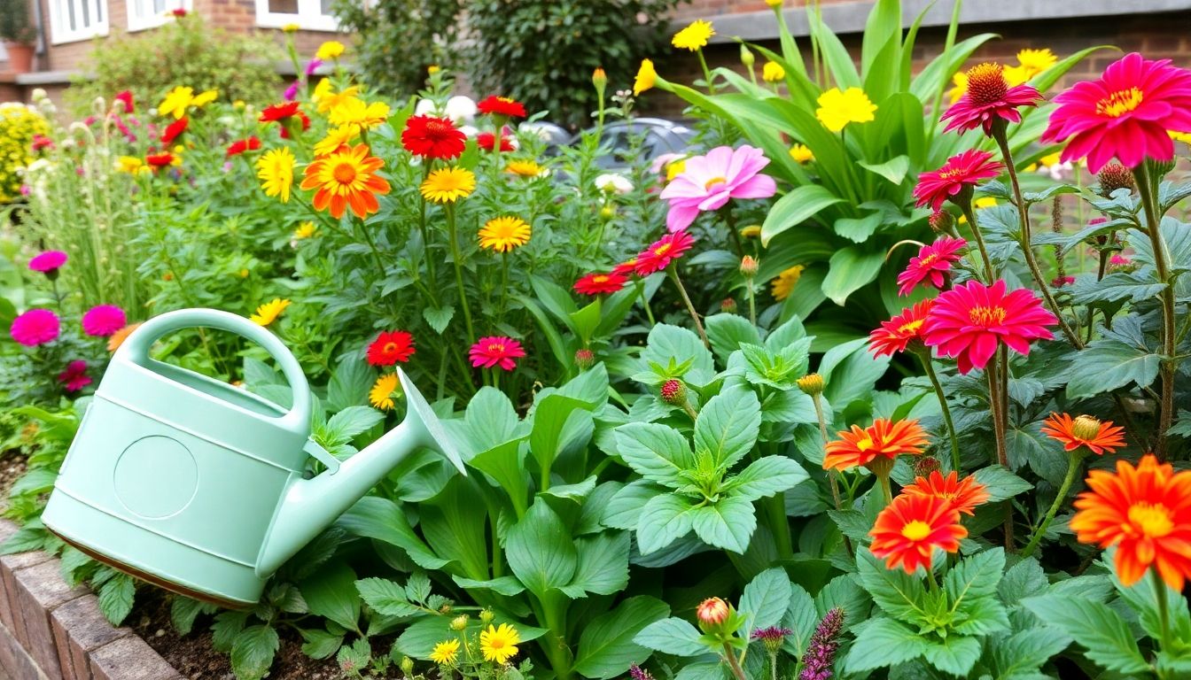 Lush London garden with flowers and watering can.