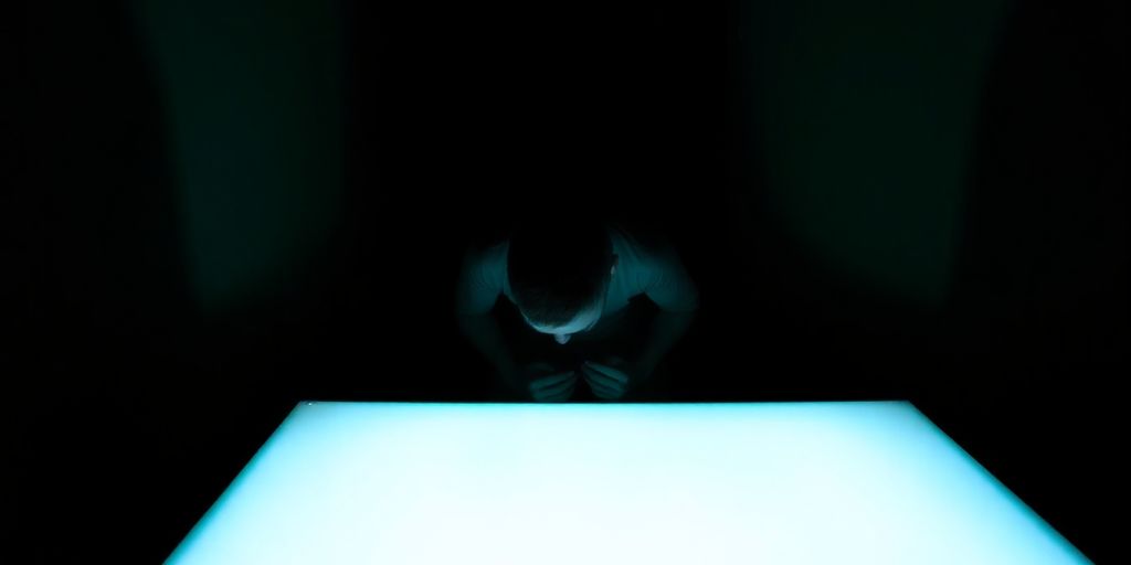 Person looking forlornly at a glowing screen.
