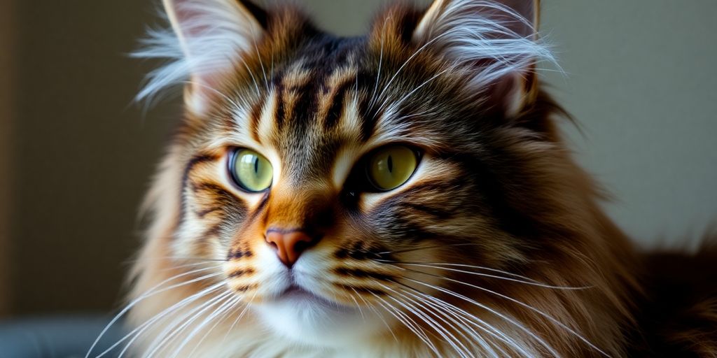 Maine Coon cat close-up with intense eyes.