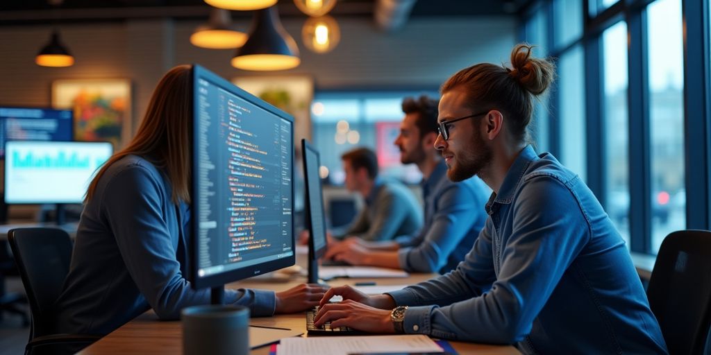 Profissionais de marketing digital em ambiente moderno.