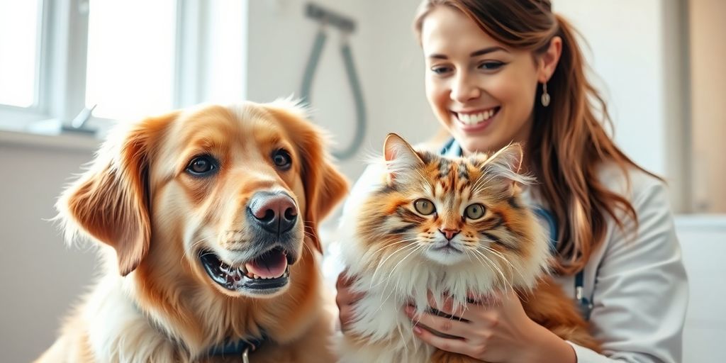 Happy dog and cat with a veterinarian