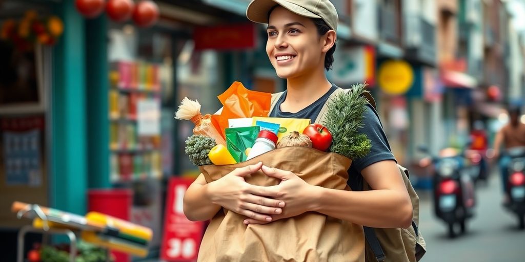 Person delivering groceries in a bustling urban environment.