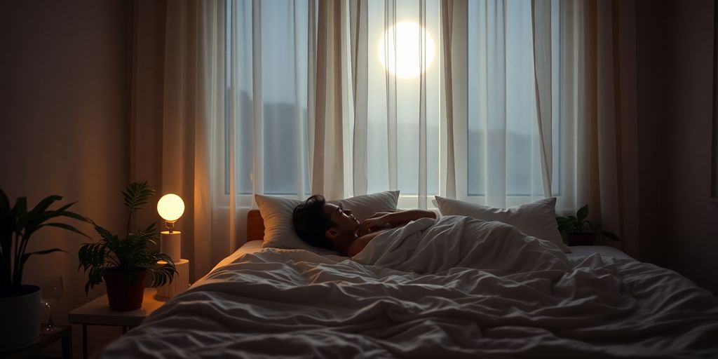 Person sleeping peacefully in a moonlit, serene bedroom.