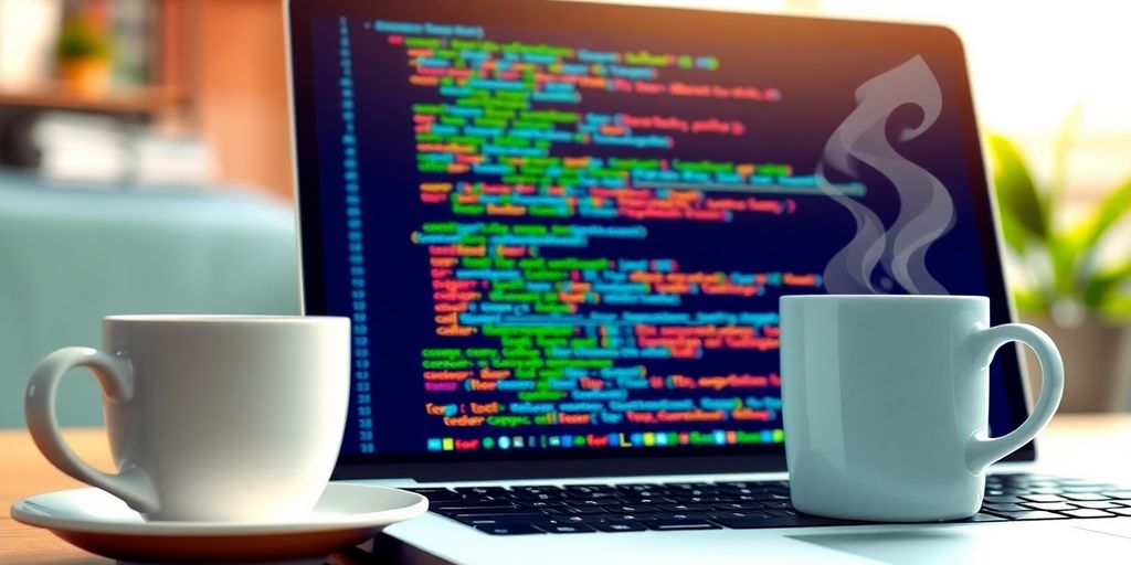 Laptop, coffee cup, and Java code.