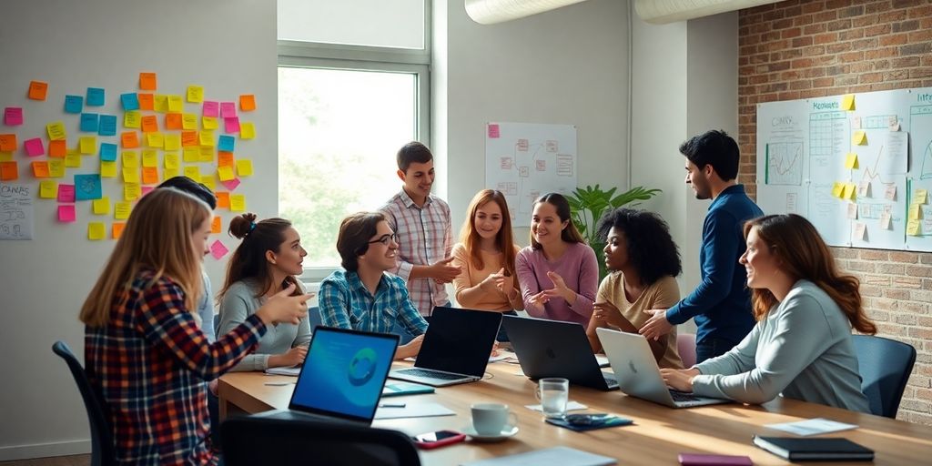 Team brainstorming in a vibrant, collaborative workspace.