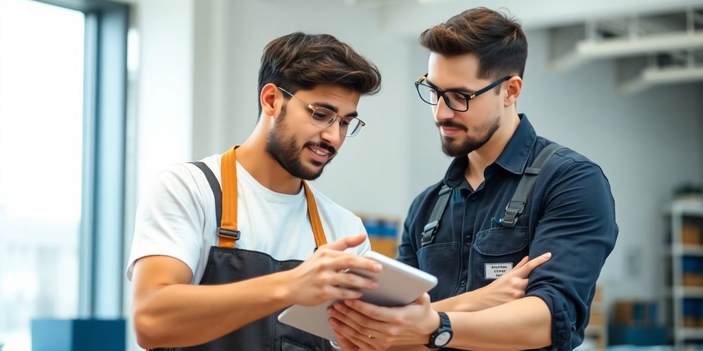 Zeitarbeit und Ausbildung: Welche Möglichkeiten bestehen für Azubis und Arbeitgeber? Auszubildende und Arbeitgeber im Gespräch, dezente blaue Akzente.