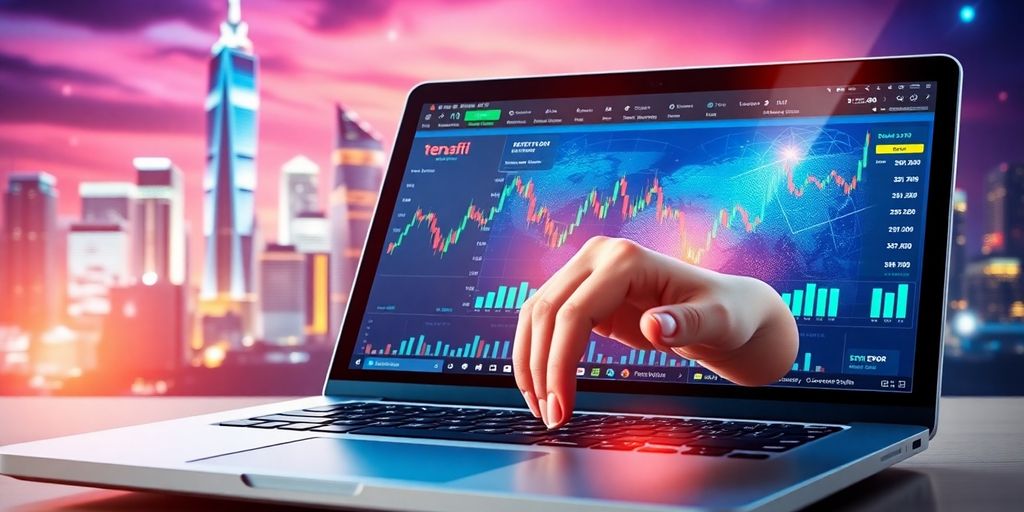 Laptop displaying cryptocurrency exchange with futuristic city backdrop.