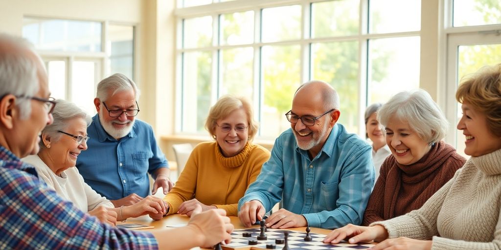 Smiling seniors engaging in stimulating activities.