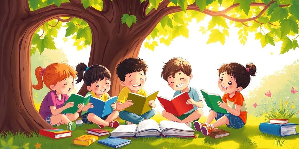Children reading together under a tree, joyful and engaged.