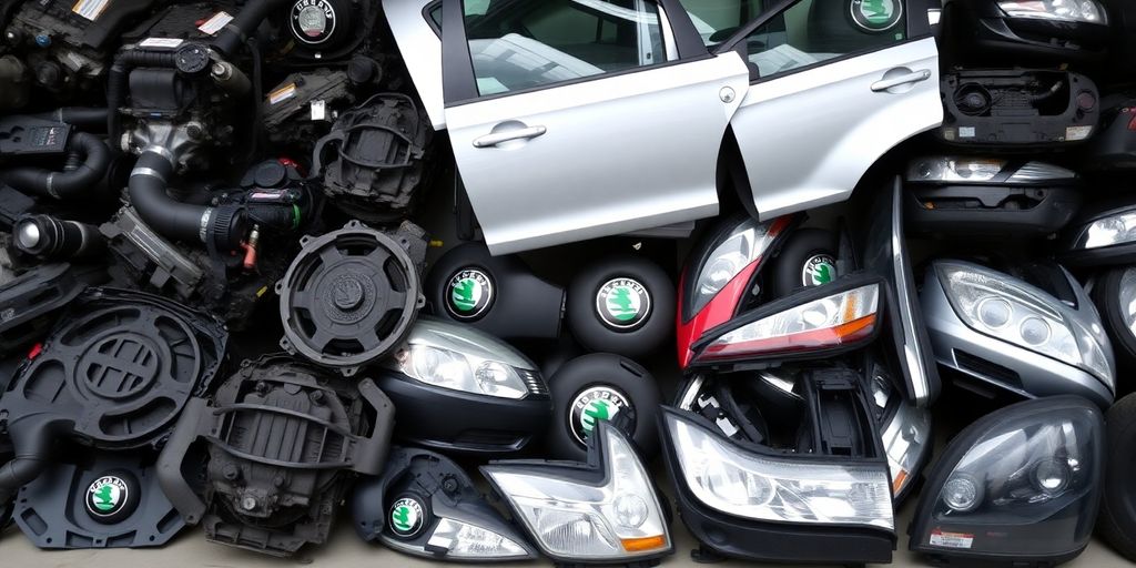 Skoda car parts arranged neatly.