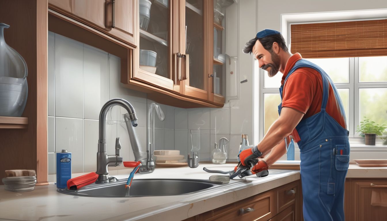 plumber fixing a leaky faucet in a kitchen with tools and preventive maintenance checklist