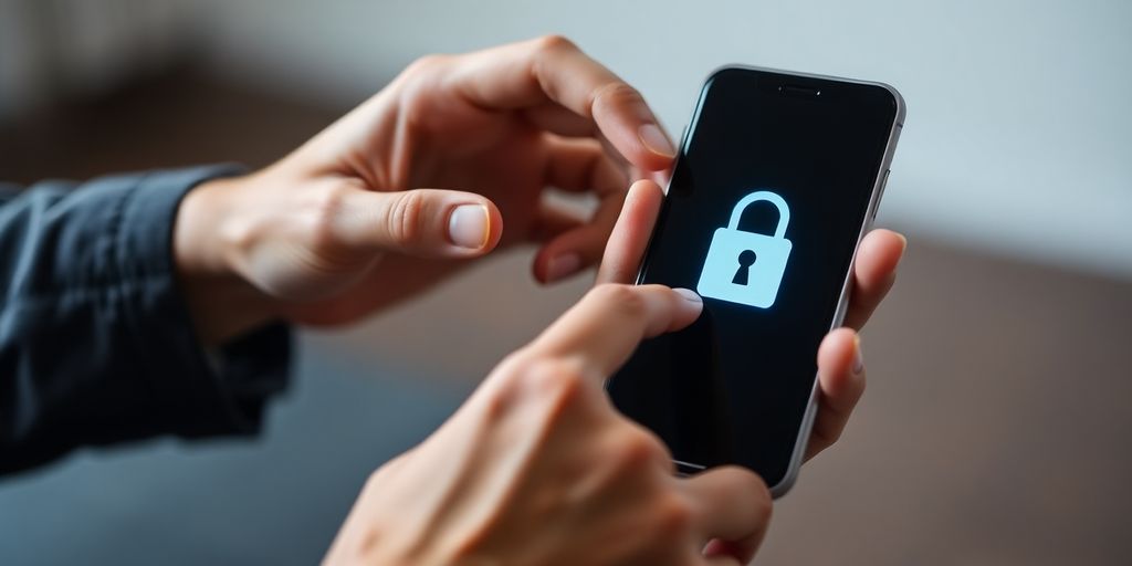 Hands holding a phone, digital lock