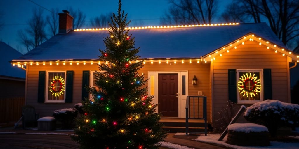 Decorated home at dusk with Christmas lights.