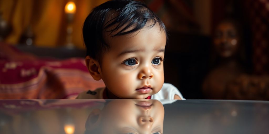 Infant looking at reflection in warm, traditional setting.