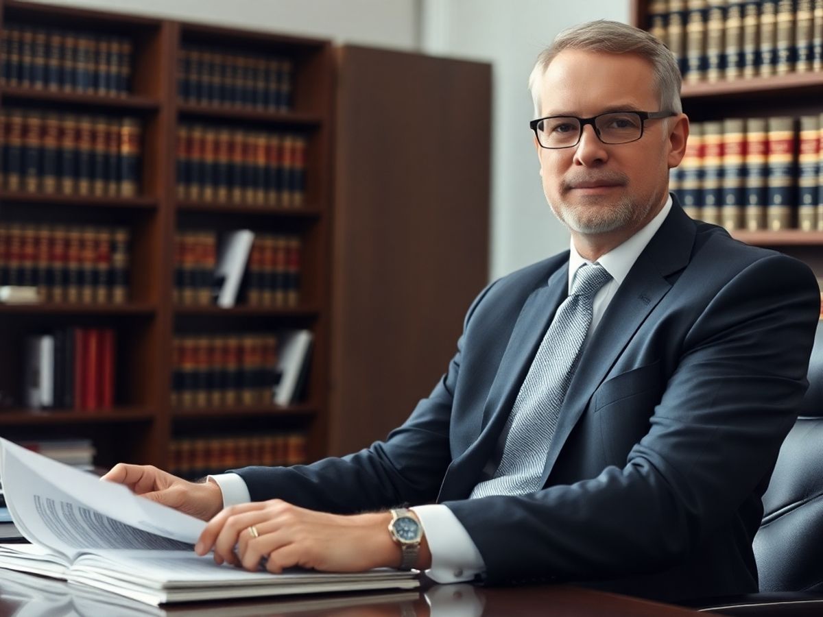 Avocat la birou, examinând dosare de caz.