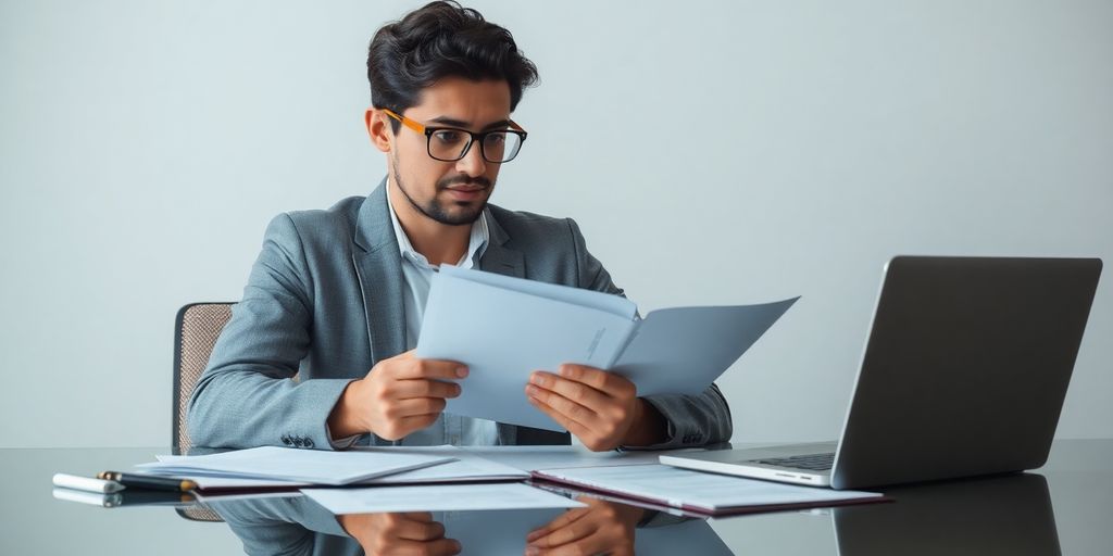Professional translator reviewing documents at a desk.
