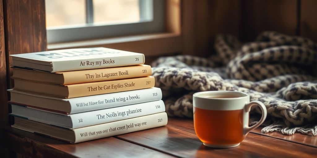 Cozy reading nook with personalized books and tea.