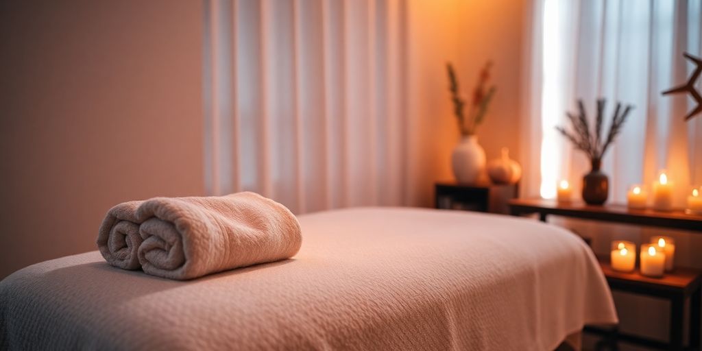 Erotik masaj ortamı, yumuşak aydınlatma ve havlular.