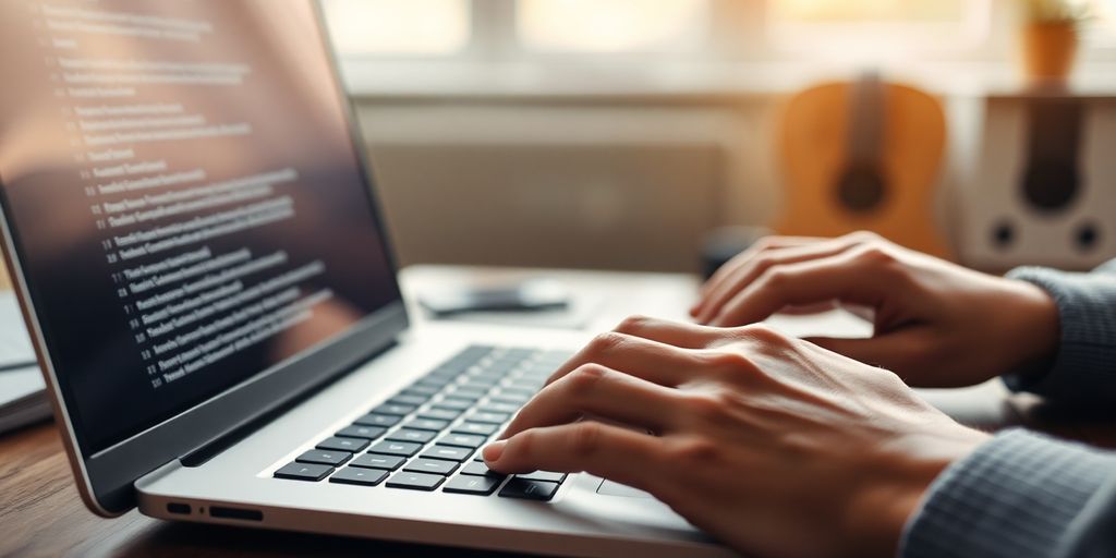 Person writing script on computer, natural light.