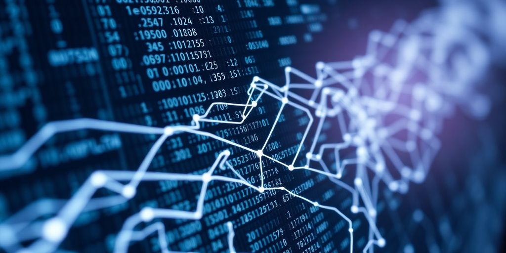 Close-up of a digital blockchain ledger with data streams.