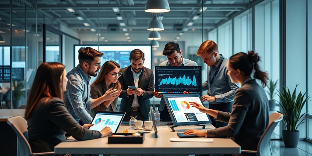 Profissionais de marketing digital colaborando em escritório moderno.