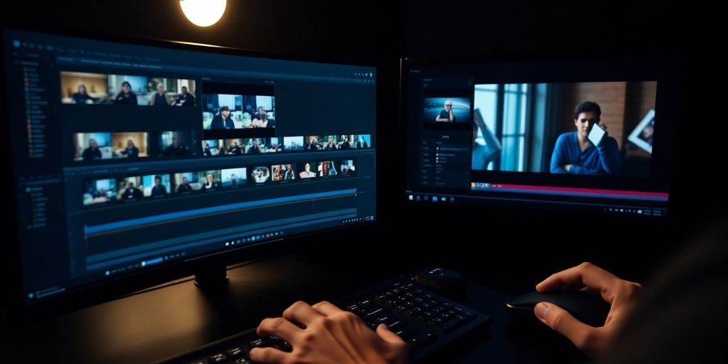 Film editor at work, editing suite.