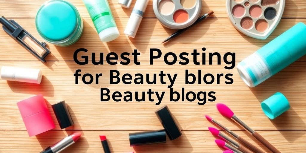 Flat lay of beauty products on a wooden surface.