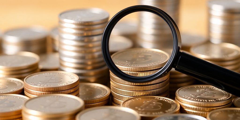 Coins stacked with a magnifying glass.