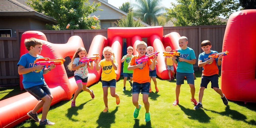 Children playing with Nerf guns in a sunny backyard.