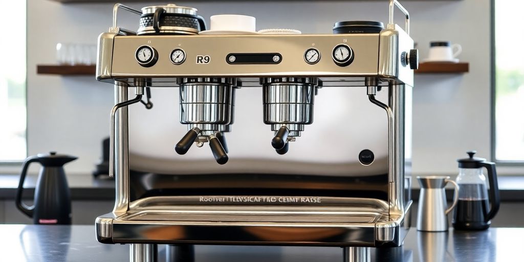 Rocket R9 espresso machine on a modern kitchen countertop.