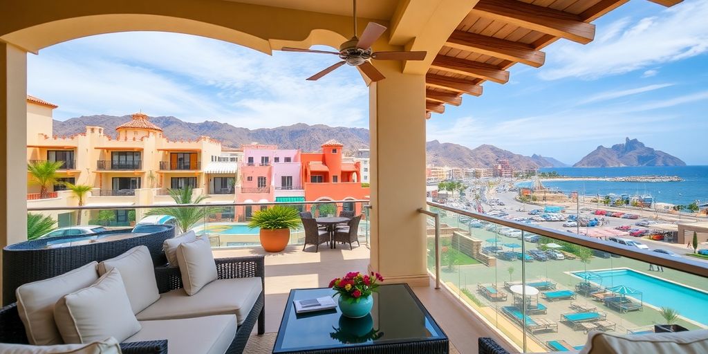 Luxury villa balcony overlooking lively Cabo downtown.