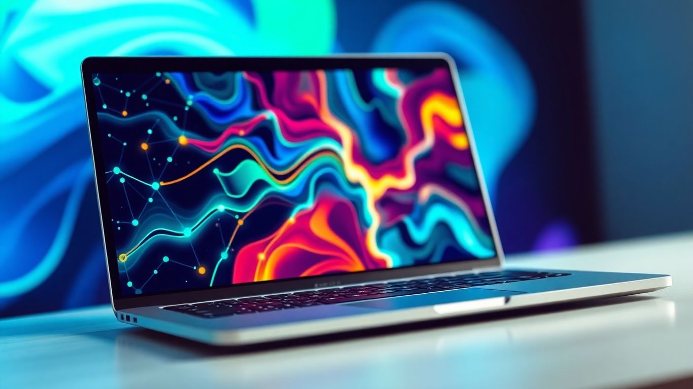 Modern laptop screen with abstract digital patterns.