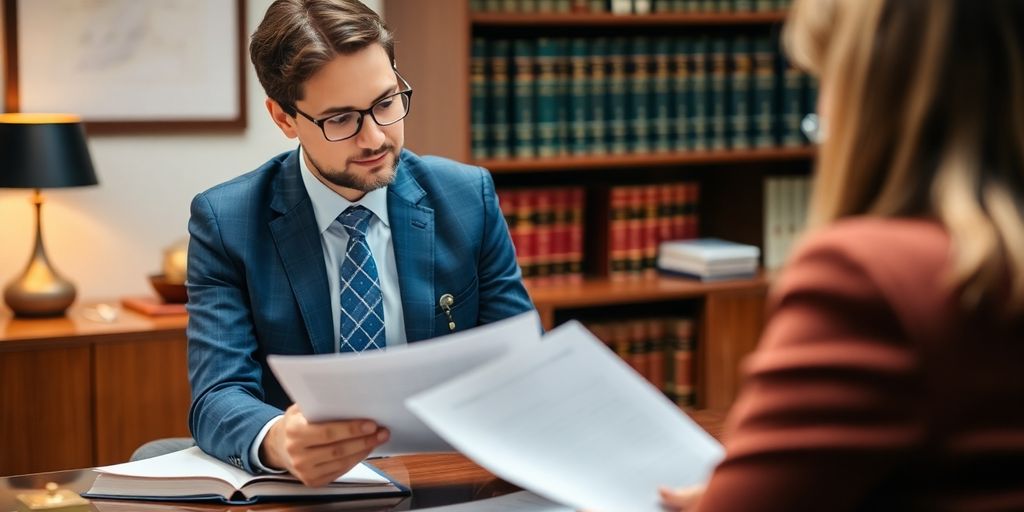 Solicitor assisting client in a law office setting.