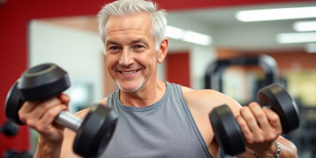 Fit senior man lifting dumbbells with determination.