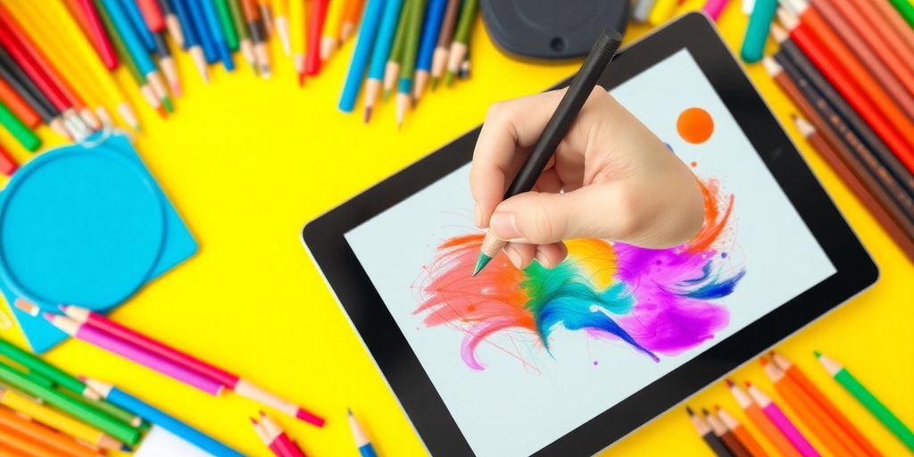 Colorful drawing tools on a digital workspace.