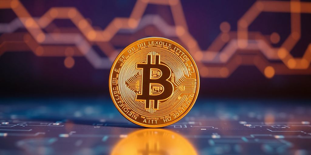 Bright golden bitcoin coin against digital background.
