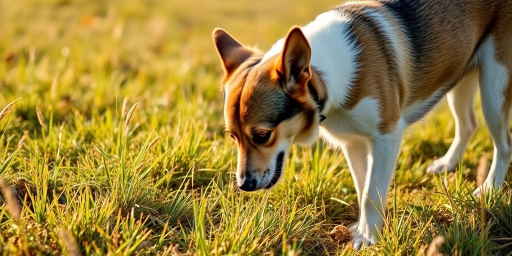 A dog tracking scents in a grassy field.